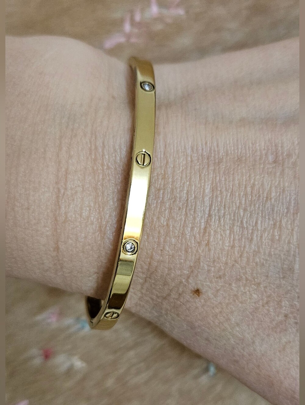 Gold Tone Women's Screw Motif Bangle Bracelet with Clear Accent Stones Size 6 Sm